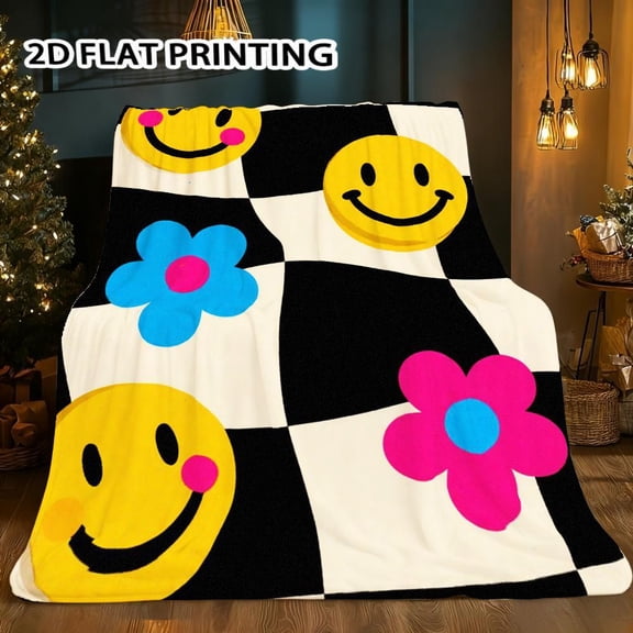 Playful Checkered Smiley Flower Pattern Flannel Throw Blanket | 280gsm Soft & Warm Fabric, Lightweight, Suitable for Sofa, Bed, Camping & Travel, Ideal for Home Decoration & Relaxation, Polyester