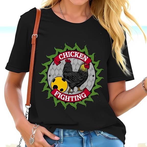Playful Chicken Fighting Graphic Tee - Stylish Black Cotton Short Sleeve T-Shirt with Rooster Duel Design & Green Foliage
