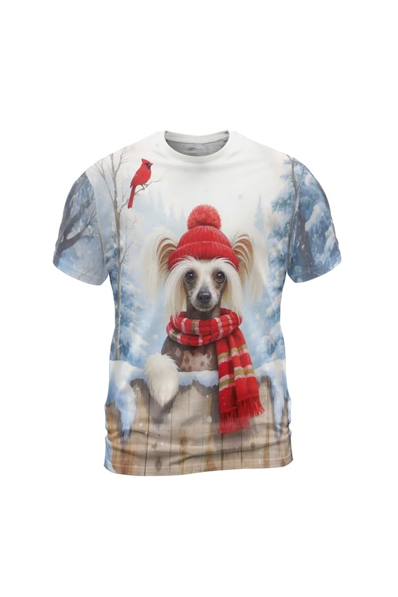 Playful Chinese Crested Welcomes Winter Snowy Day with Cardinal Bird All Over Print 3D Shirt Unisex Merch Dog Lover - 2017