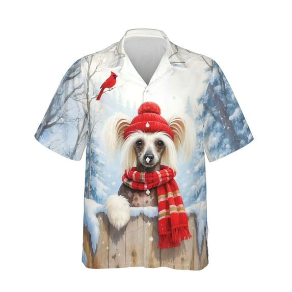 Playful Chinese Crested Welcomes Winter Snowy Day with Cardinal Bird Hawaiian Shirt Breathable Summer Unisex Merch Dog Lover - 2017