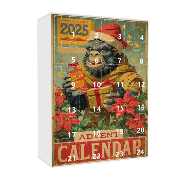 Playful Christmas Advent Calendar with 24 Surprise Blind Boxes Featuring Ape Ornaments in 2D Acrylic as Ornaments for Family Gathering and Home Decoration (Yellow-26cm)