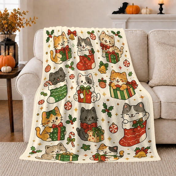 Playful Christmas Cats Presents, Playful Pet Portrait Pattern, Warm Flannel Blanket for Living Room and Bedroom, Cat Lovers Christmas Gift, Pet Lover Home Decor