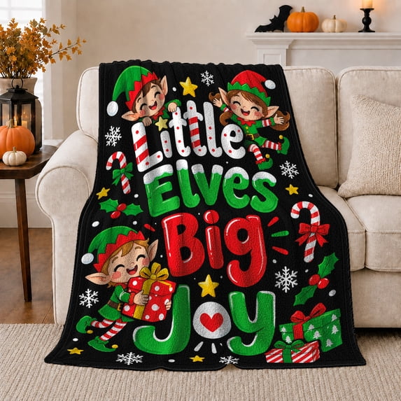 Playful Christmas Elf Joy Living Room, Festive Holiday Scene, Warm Flannel Blanket for Living Room and Reading Nook, Art Lovers Christmas Gift, Festive Home Decor