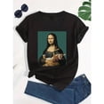 thumbnail image 1 of Playful Classic Art - Themed Graphic Tee,Tops Has "Mona Lisa with Cat" Design, Round Neck Regular Fit T - shirts, Size(S - 5XL), 1 of 5