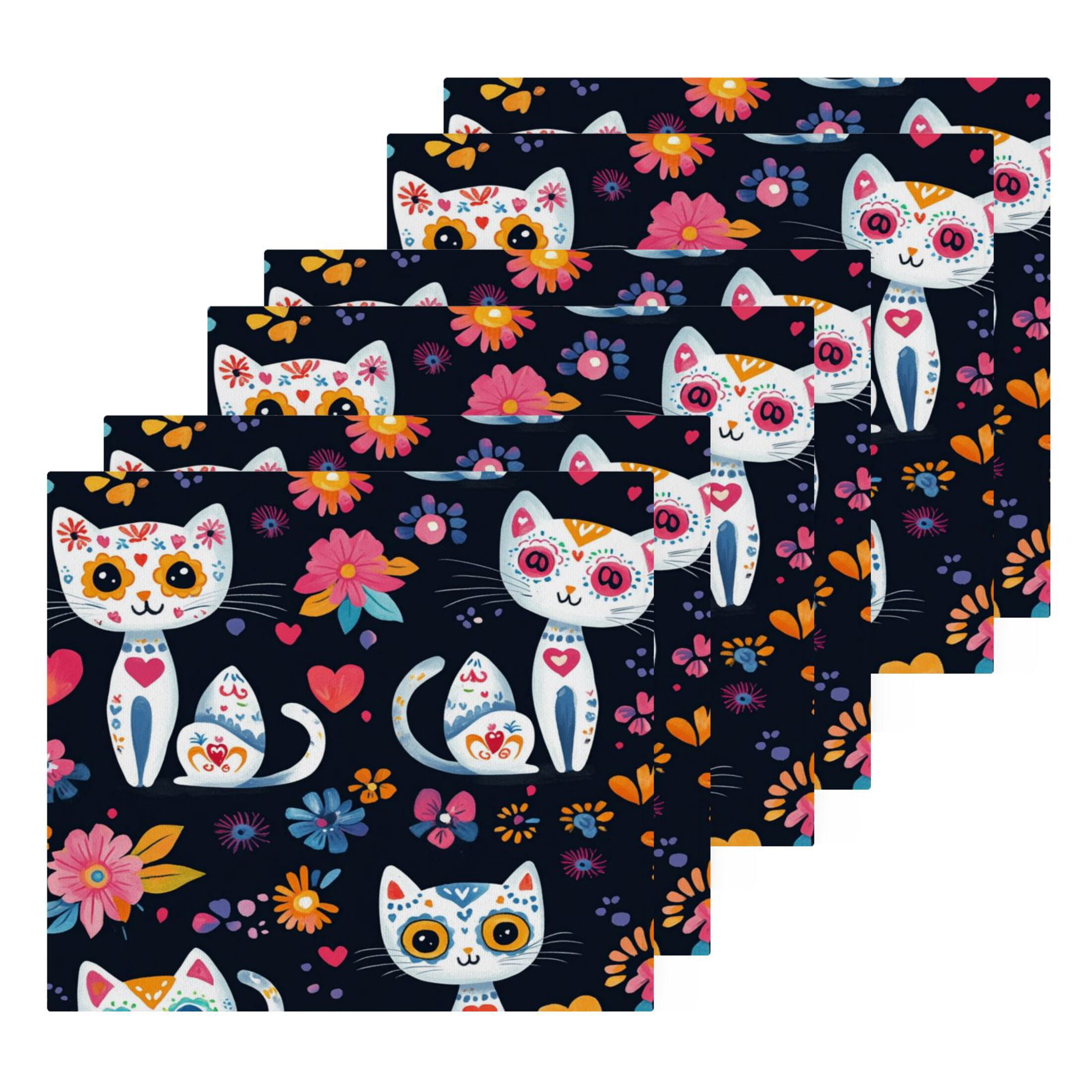 Playful Colorful Cat Pattern 100% Cotton Face Towel 12x12in Soft Absorbent Washcloth Durable Printed Hand Towels for Bathroom Travel 6 Pcs