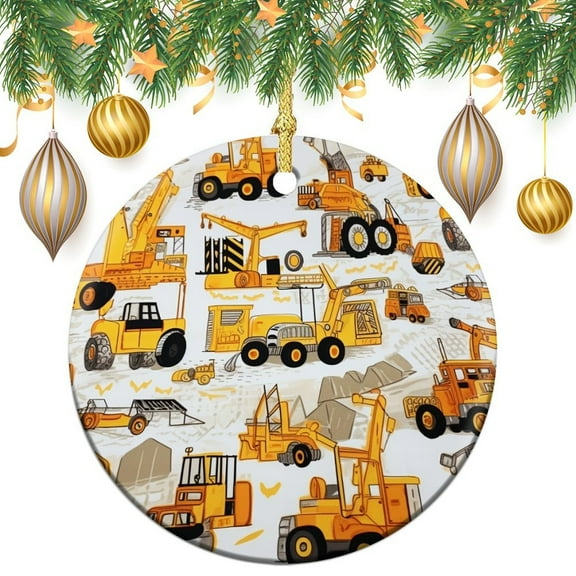 Playful Construction Vehicle Pattern Ornament Excavator Tractor Construction Site Cars Ceramic Double Sided Tree Xmas Ornament Christmas Tree Ceramic Ornament Decoration Holiday Present