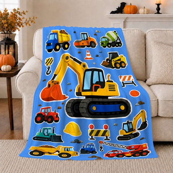 Playful Construction Vehicles Bright Blue Background Vibrant Cartoon, Playful Artistic Scene, Warm Flannel Blanket for Living Room and Bedroom, Art Lovers Housewarming Gift, Artistic Home Decor