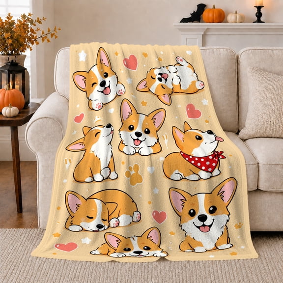 Playful Corgi Dogs Autumn Sofa, Playful Pet Portrait Pattern, Warm Flannel Blanket for Living Room and Bedroom, Dog Lovers Thanksgiving Gift, Pet Lover Home Decor