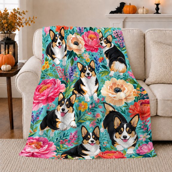 Playful Corgi Peony Garden Pattern, Playful Pet Portrait Pattern, Warm Flannel Blanket for Living Room and Bedroom, Dog Lovers Just Because Gift, Pet Lover Home Decor