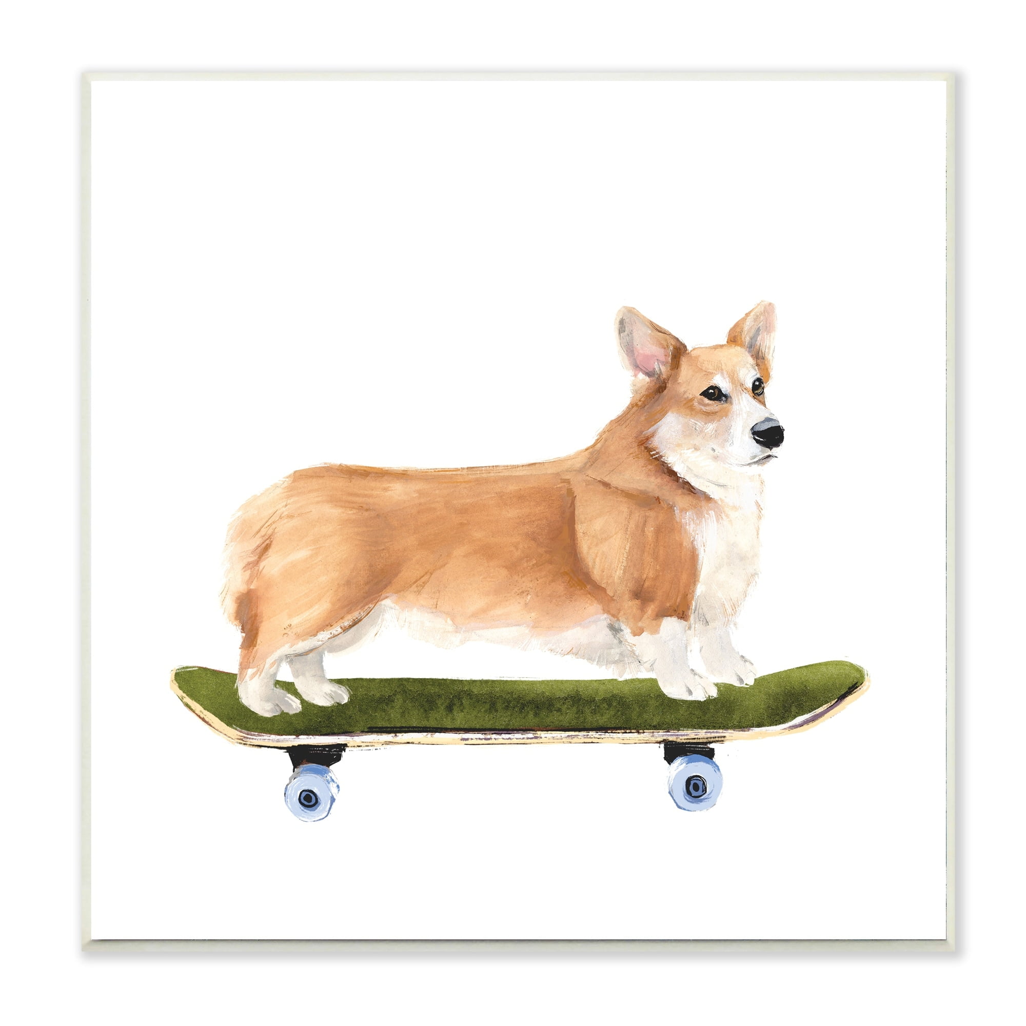 Playful Corgi Pet Dog on Green Skateboard 12 in x 12 in
