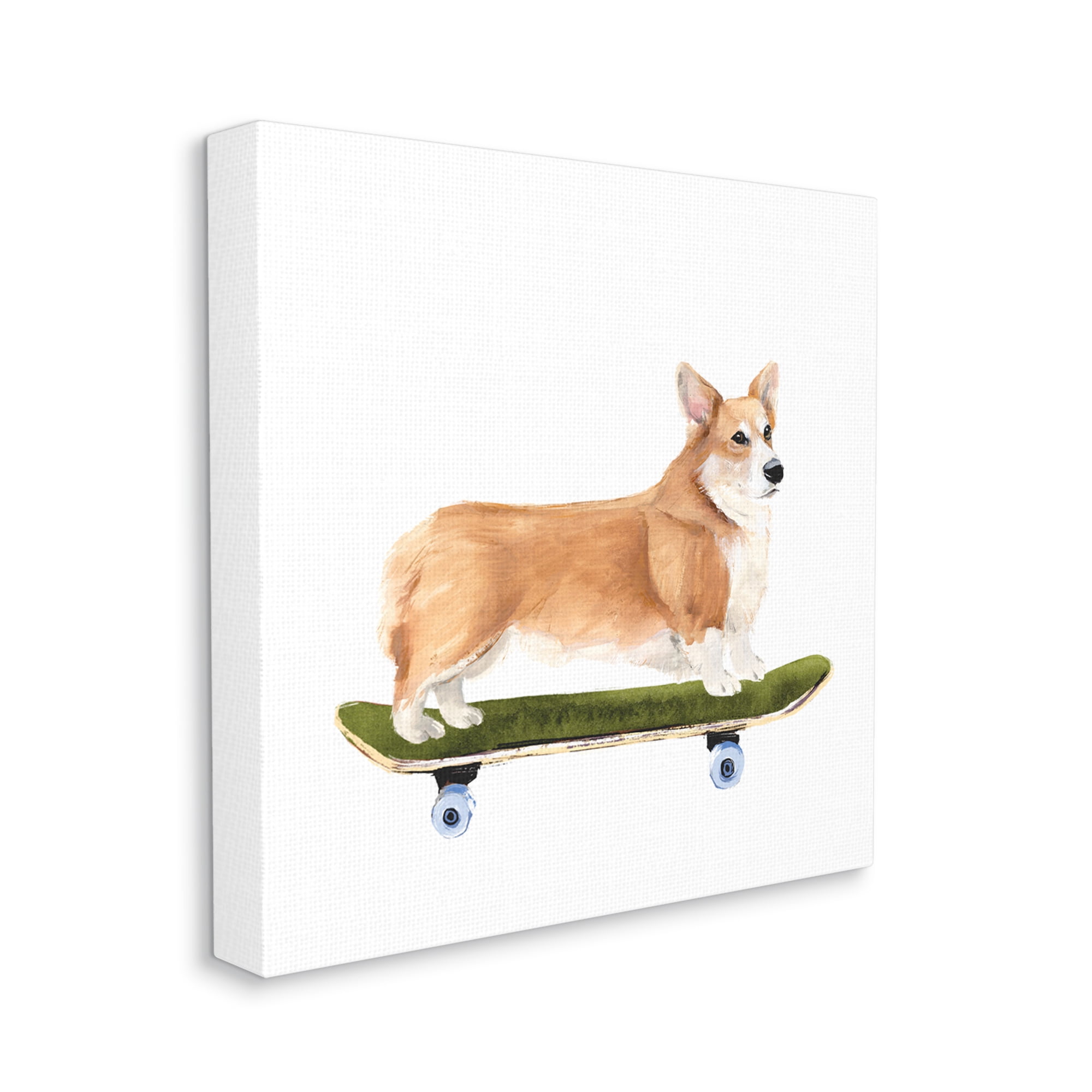 Playful Corgi Pet Dog on Green Skateboard Animals & Insects Gallery-Wrapped Canvas Print Wall Art, 17x17