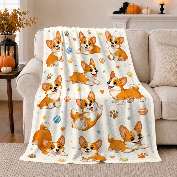 Playful Corgi Puppy Pattern Scattered White Background, Playful Pet Portrait Pattern, Warm Flannel Blanket for Living Room and Reading Nook, Dog Lovers Friendship Gift, Pet Lover Home Decor
