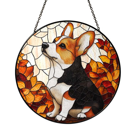 Playful Corgi Puppy Scene Stained Glass Style Window Suncatcher Decor, Cheerful Dog Lover Accent Gift