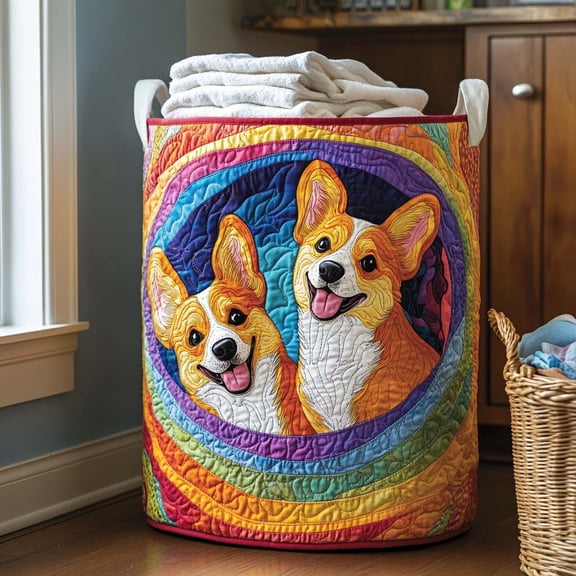 Playful Corgi Rainbow Quilted Laundry Basket