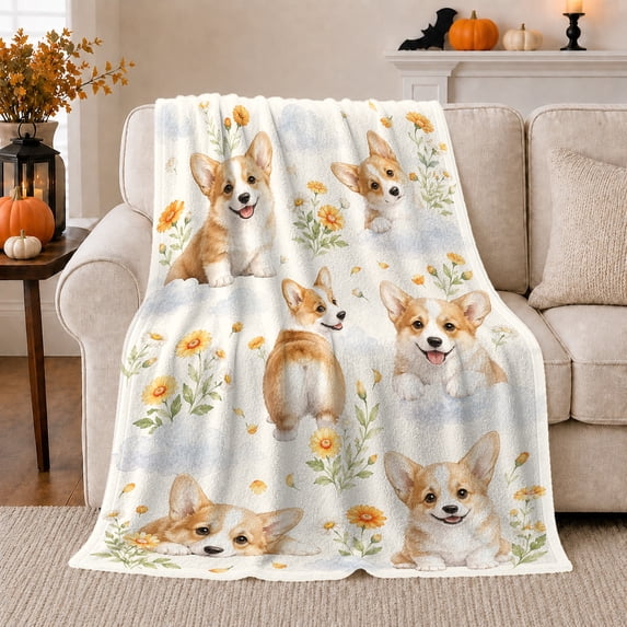 Playful Corgi Watercolor Autumn Art, Playful Pet Portrait Pattern, Warm Flannel Blanket for Living Room and Bedroom, Dog Lovers Thanksgiving Gift, Pet Lover Home Decor