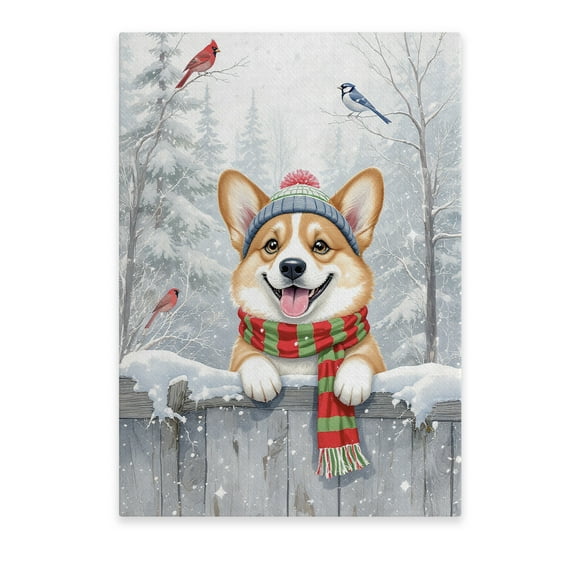 Playful Corgi Welcomes Winter Snowy Day with Cardinal Bird Vertical Matte Canvas Poster Welsh Corgi Dog Lover Gifts Idea Wall Art Home Decor - 2017
