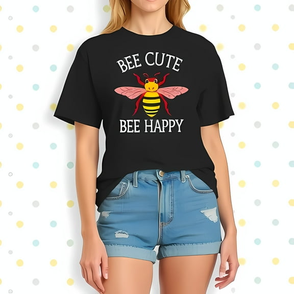 Playful Cotton Short Sleeve T-Shirt with Vibrant Bee Illustration Cheerful Pink Wings and Whimsical 'BEE CUTE' & 'BEE HAPPY' Phrases Perfect for Summer Outings