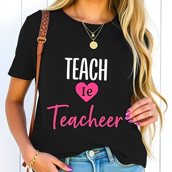 Playful Cotton Short Sleeve T-Shirt for Teachers - Bold 'TEACH' with Pink Heart & Script 'Teacheer' Design