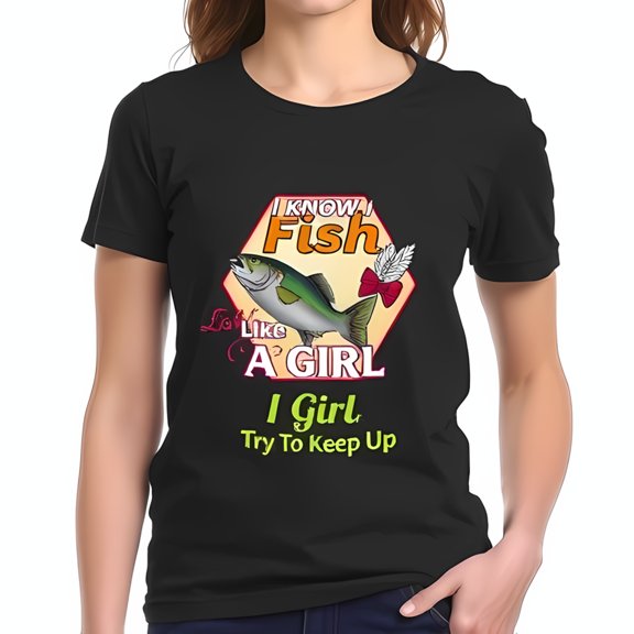 Playful Cotton Short Sleeve T-Shirt with Colorful Fish Graphic & Witty Text: " I Know Fish Like A Girl "