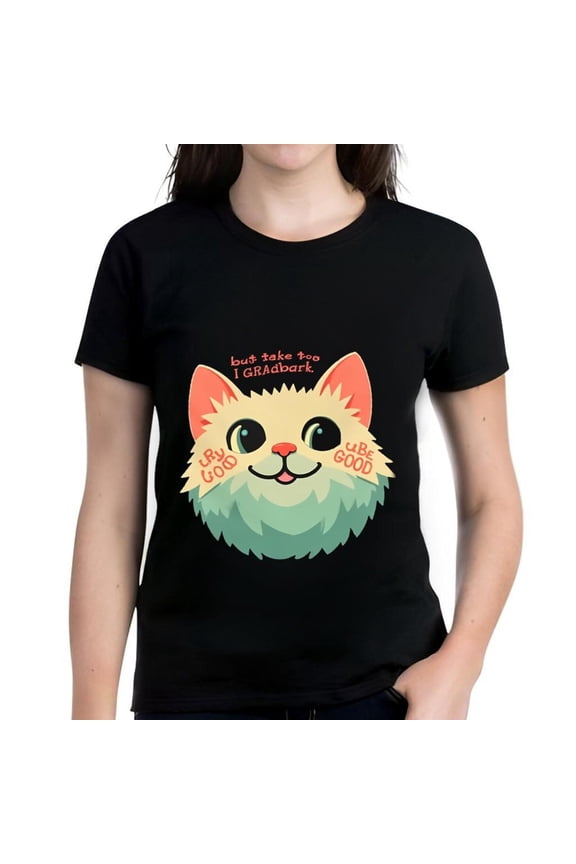 Playful Cotton Short Sleeve T-Shirt with Colorful Smiling Cat Graphic 'But I Gradark' Text and Cheerful 'Up Good' Phrases in Orange and Green