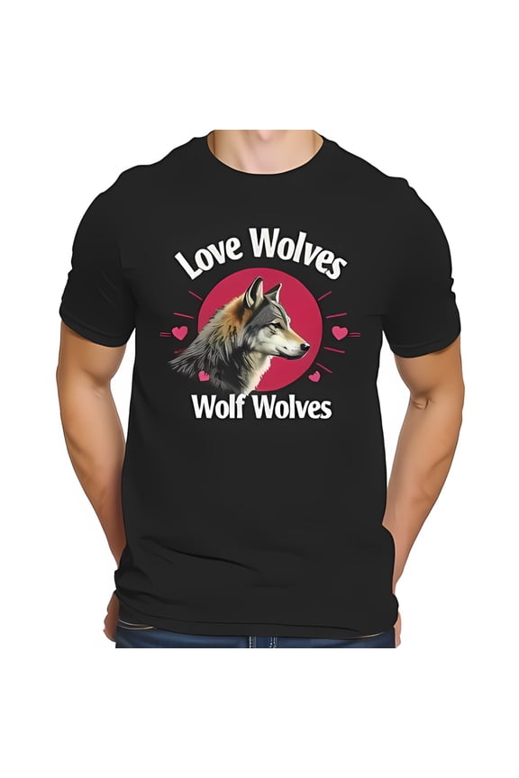 Playful Cotton Short Sleeve T-Shirt with Grey Wolf Profile Crimson & Pink Hearts - " Love Wolves " Design