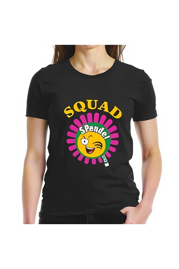 Playful Cotton Short Sleeve T-Shirt with 'SQUAD' Text and Winking Surrounded by Pink Flower - Fun and Vibrant Design for Friends