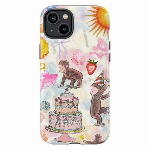 Playful Curious Monkey Birthday Theme Phone Case for iPhone 16 15 14 13 12 11 Plus Pro Max – Party Cake & Summer Vibes, Dual Layer Cover for iPhone
