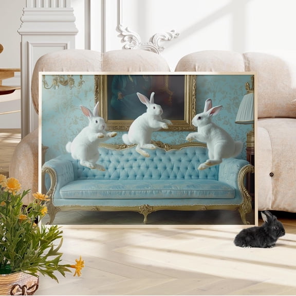 Playful Cute Rabbits Jumping On A Vintage Sofa Poster Vintage Style Nursery Wall Decor Whimsy Bunnies Art Print