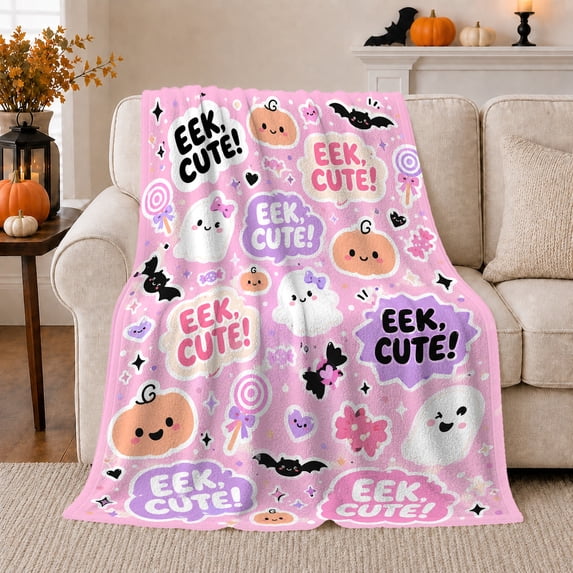 Playful Cute autumn celebration Pink decorative motif Pumpkin Pattern Dense, Festive autumn celebration Scene, Warm Flannel Blanket for Living Room and Family Room, Art Lovers autumn celebration