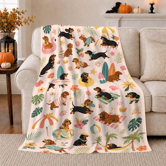 Playful Dachshund Beach Vacation Pattern Whimsical Summer Dog, Playful Pet Portrait Pattern, Warm Flannel Blanket for Living Room and Bedroom, Dog Lovers Christmas Gift, Pet Lover Home Decor