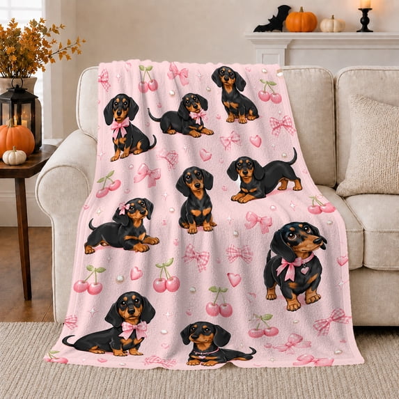 Playful Dachshund Dog Autumn Living Room Scene Pink, Playful Pet Portrait Pattern, Warm Flannel Blanket for Living Room and Bedroom, Dog Lovers Thanksgiving Gift, Pet Lover Home Decor