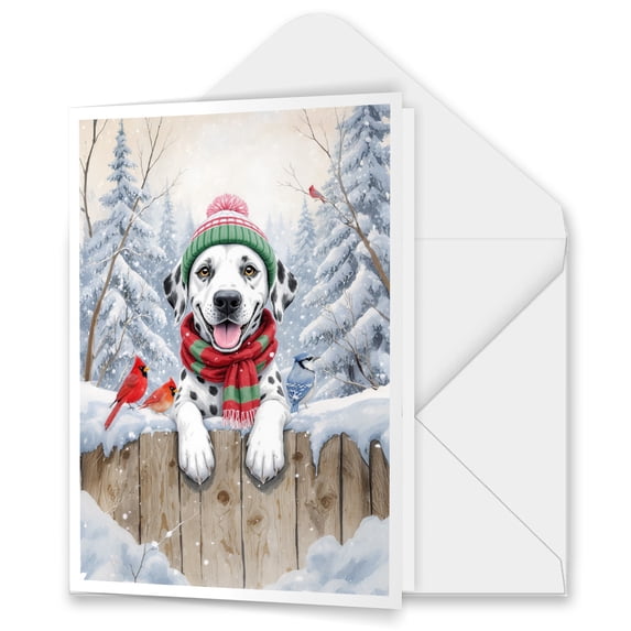 Playful Dalmatian Welcomes Winter Snowy Day with Cardinal Bird 5x7in Folded Greeting Card Dog Lover Single Note Card with Envelope - 2017