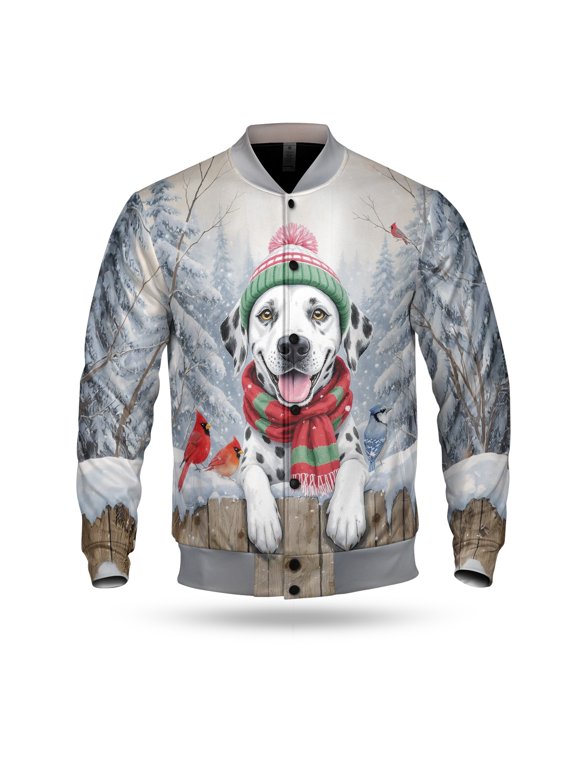 Playful Dalmatian Welcomes Winter Snowy Day with Cardinal Bird All Over Print 3D Baseball Jacket Dog Lover Bomber Jacket Softball - 12017