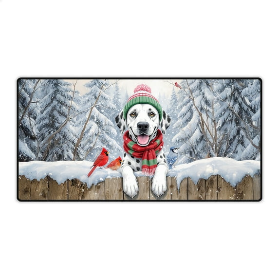 Playful Dalmatian Welcomes Winter Snowy Day with Cardinal Bird Desk Mat Full Keyboard Mouse Pad Dog Lover Large Mousepad - 2017