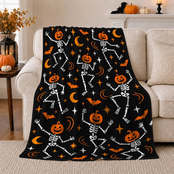 Playful Dancing Skeletons Pumpkins Festive autumn celebration Scene Whimsical, Warm Flannel Blanket for Living Room and Family Room, Festive autumn celebration Scene, Festive Home Decor