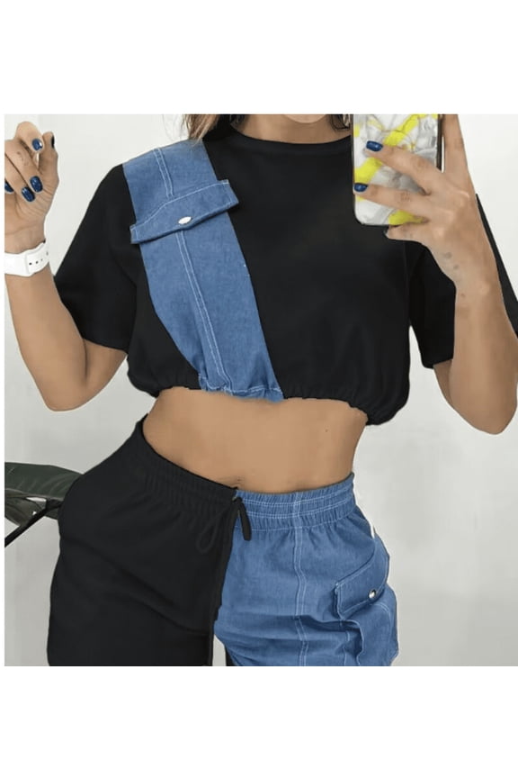 Playful Denim Short Set-Black - XL