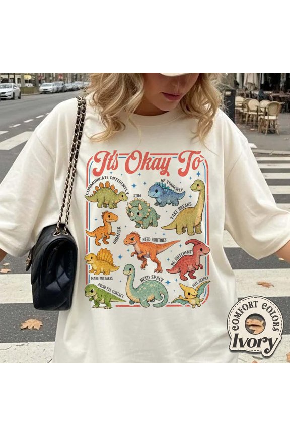 Playful Dinosaur Graphic Comfort Colors T-Shirt for Neurodiversity Pride and Autism Acceptance