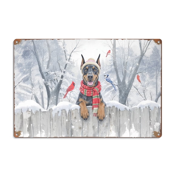 Playful Doberman Pinscher Welcomes Winter Snowy Day with Cardinal Bird Horizontal Metal Aluminum Sign Doberman Dog Lover Gifts Wall Art Home Decor - 2017