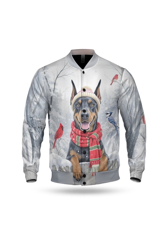 Playful Doberman Pinscher Welcomes Winter Snowy Day with Cardinal Bird All Over Print 3D Baseball Jacket Doberman Dog Lover Gifts Bomber Jacket Softball - 12017