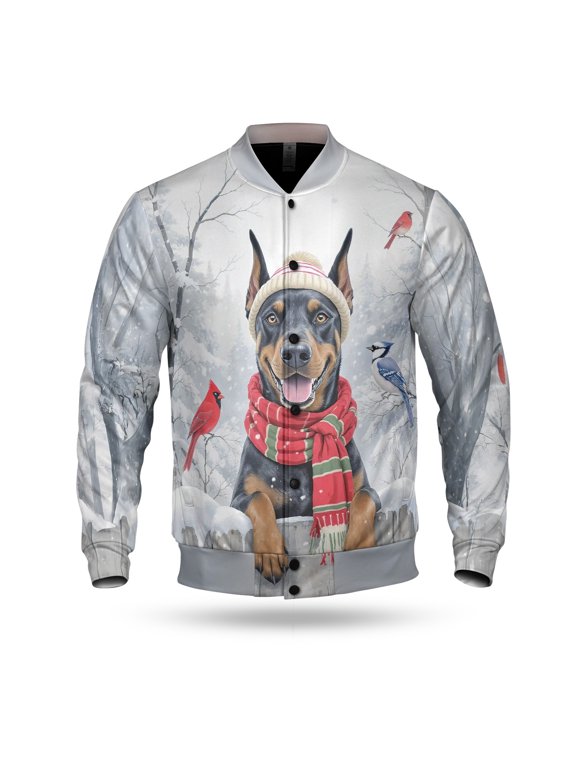 Playful Doberman Pinscher Welcomes Winter Snowy Day with Cardinal Bird All Over Print 3D Baseball Jacket Doberman Dog Lover Gifts Bomber Jacket Softball - 12017