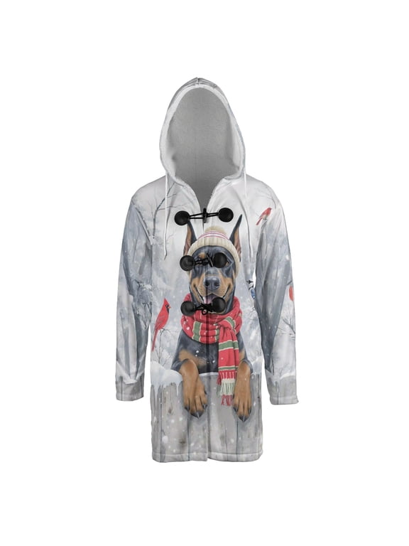 Playful Doberman Pinscher Welcomes Winter Snowy Day with Cardinal Bird All Over Print 3D Hooded Duffle Toggle Coat Doberman Dog Lover Gifts - 2017