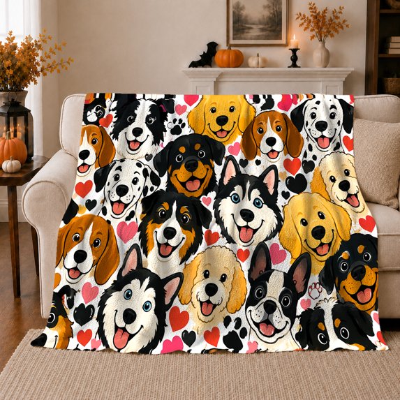 Playful Dog Breed Hearts Pattern, Playful Pet Portrait Pattern, Warm Flannel Blanket for Living Room and Bedroom, Dog Lovers Just Because Gift, Pet Lover Home Decor