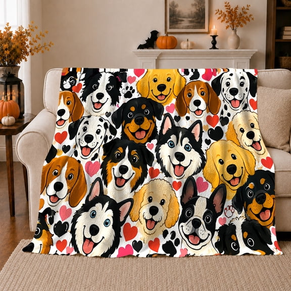 Playful Dog Breed Hearts Pattern, Playful Pet Portrait Pattern, Warm Flannel Blanket for Living Room and Bedroom, Dog Lovers Just Because Gift, Pet Lover Home Decor
