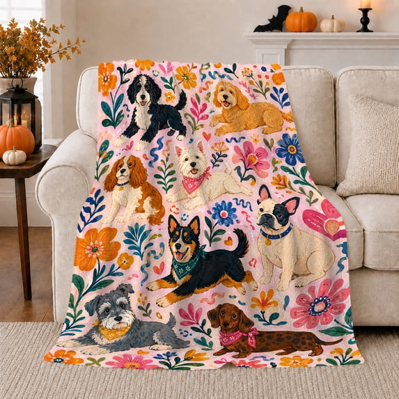 Playful Dog Portrait Garden, Playful Pet Portrait Pattern, Warm Flannel Blanket for Living Room and Bedroom with Detailed Artwork, Dog Lovers Just Because Gift, Pet Lover Home Decor