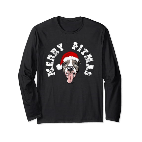 Playful Dog Santa Hat Merry Pitmas Long Sleeve T-Shirt for Holiday Cheer