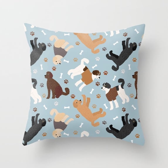 Playful Dogs, Paw Prints and Bones Blue Velvet Pillow Cover Only ...