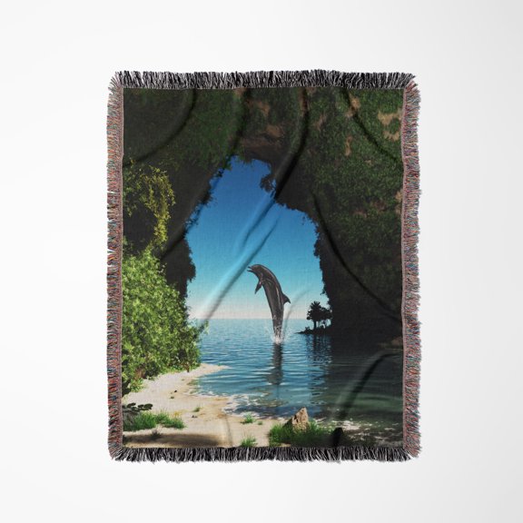 Playful Dolphin In A Wonderful Tropical Cave On An Island, Woven Blanket