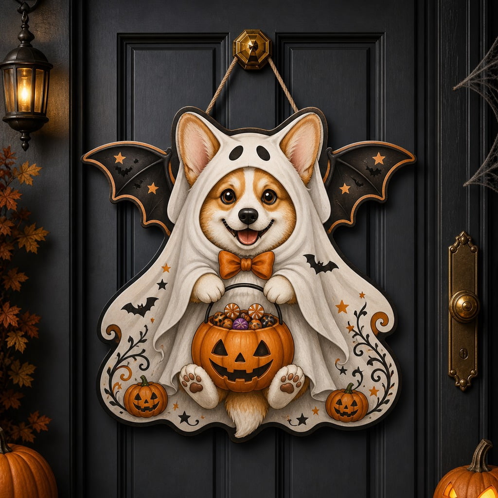 Playful Door Sign Halloween Ghost Corgi Welcome - Walmart.com