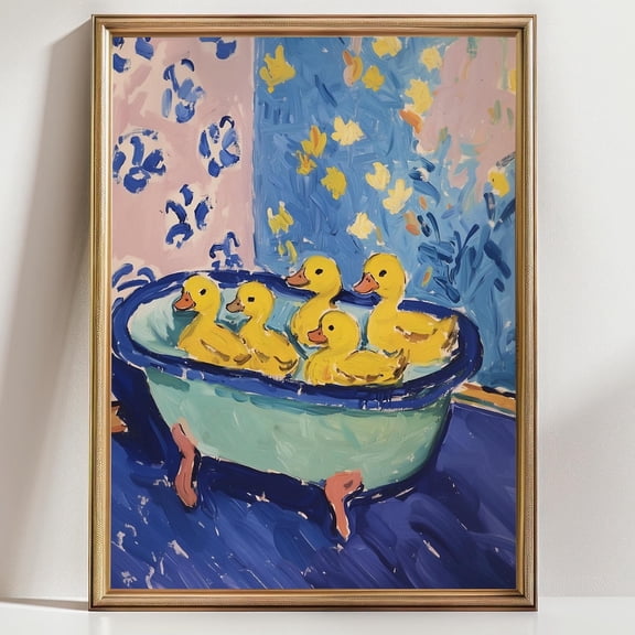Playful Duck Bath Art Whimsical Home Decor Nursery Decoration Dopamine Decor Design 5, Unframed Paper Poster 8x10in
