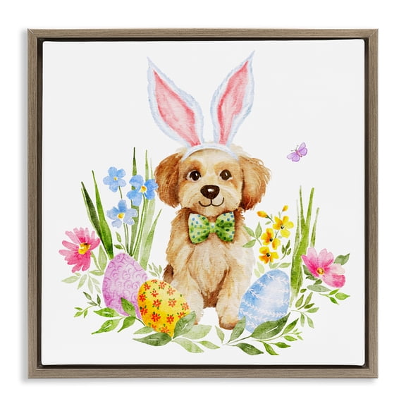 Playful Easter Puppy Brown Floating Frame Canvas Art, 25 x 25, Made In USA